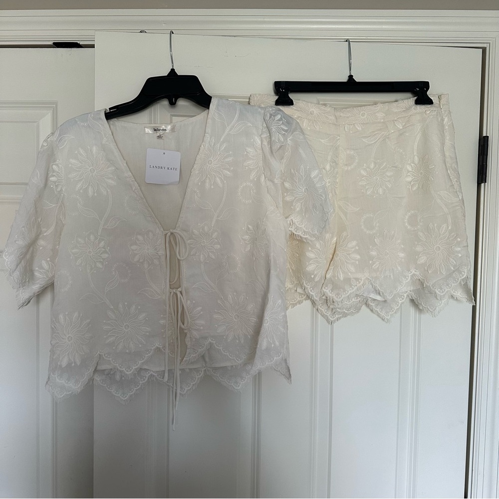 White Floral Lace Top and Shorts Set